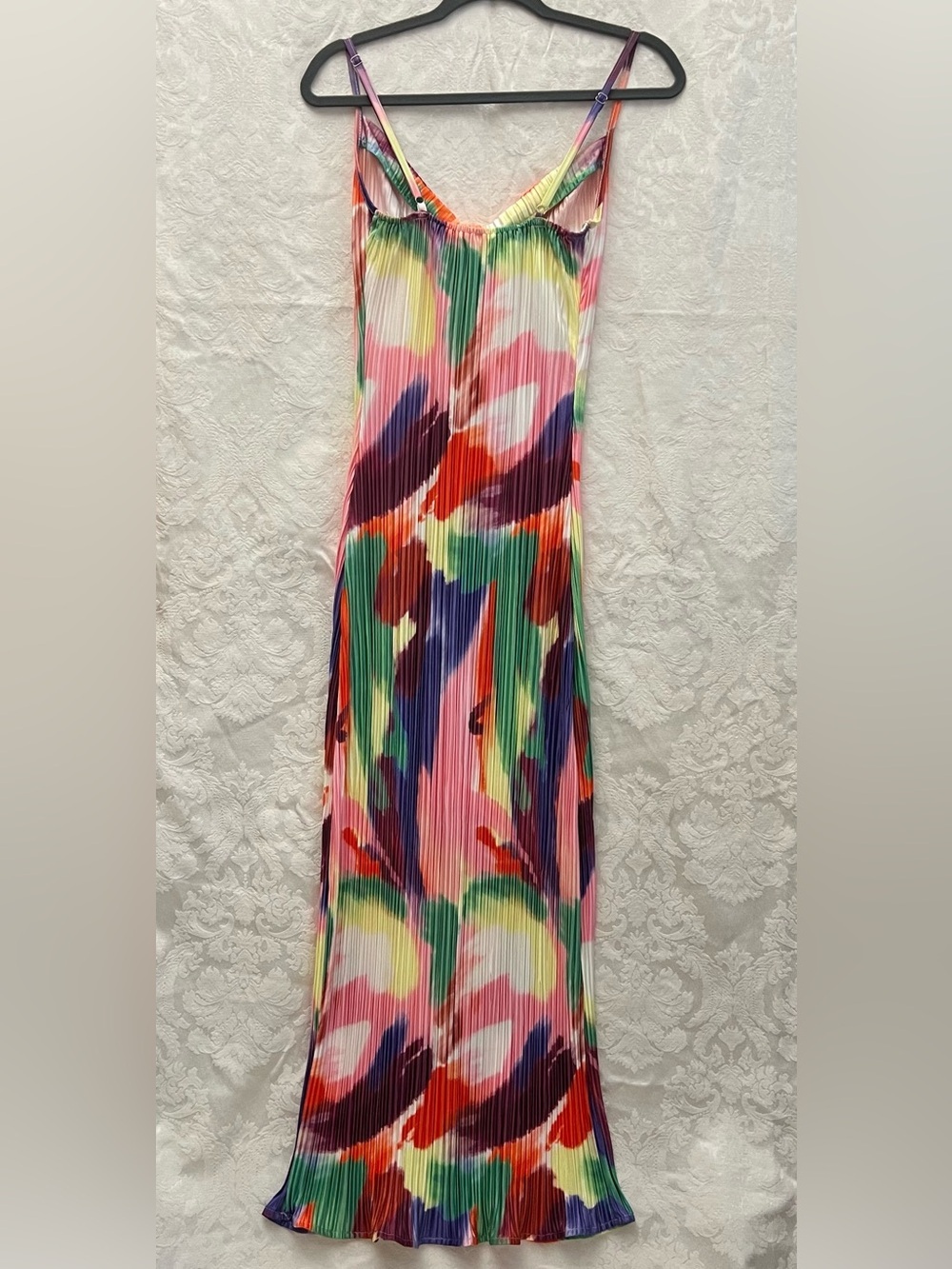Colourful Vibrant Abstract Brushstroke Print Pleated Cowl Neck Maxi Dress Size S - Picture 4 of 9
